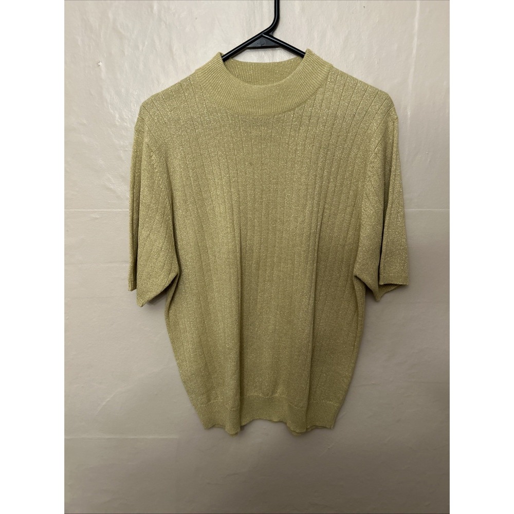 Sag Harbor Large Gold Sparkling Sweater Mock Neck Short Sleeve Sweater